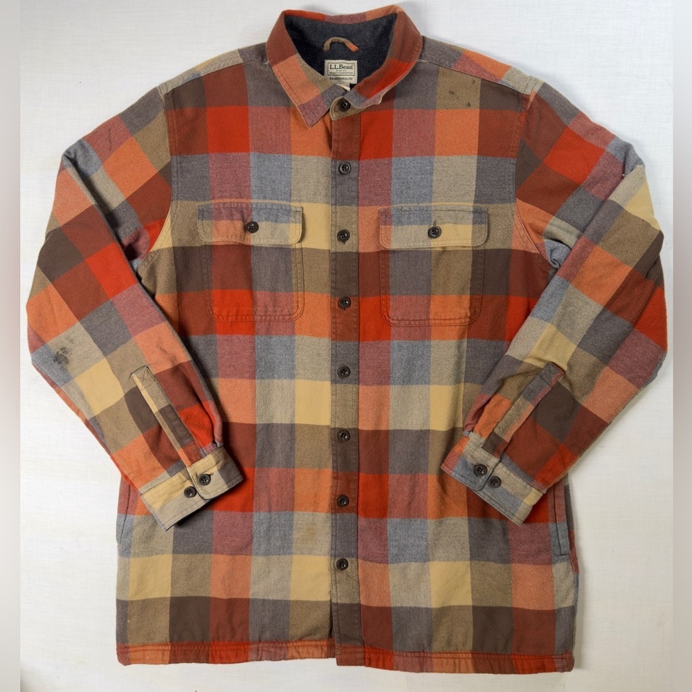 L.L Bean Men's Sz L Tall Fleece Lined Orange And Brown Flannel Shirt Jacket